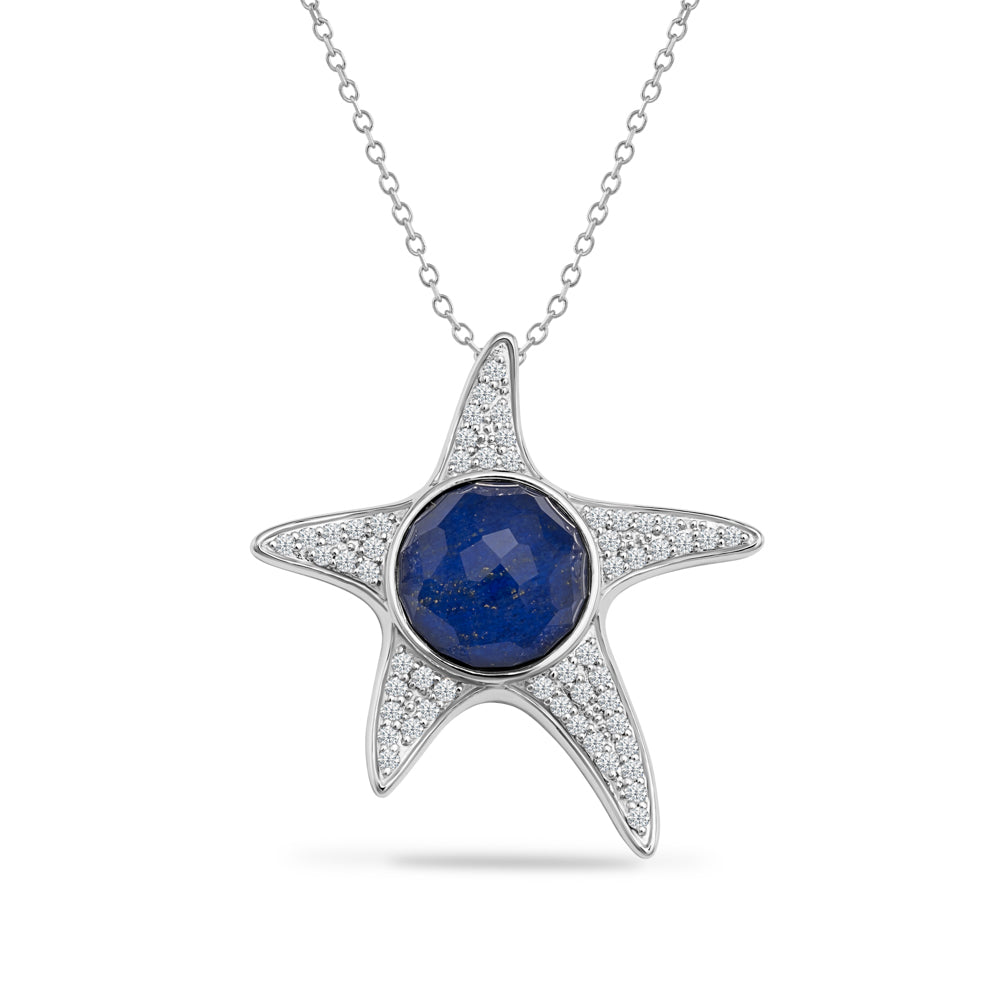 14K STARFISH PENDANT WITH DOUBLET LAPIS AND CLEAR QUARTZ AND DIAMONDS ON 18 INCHES CABLE CHAIN