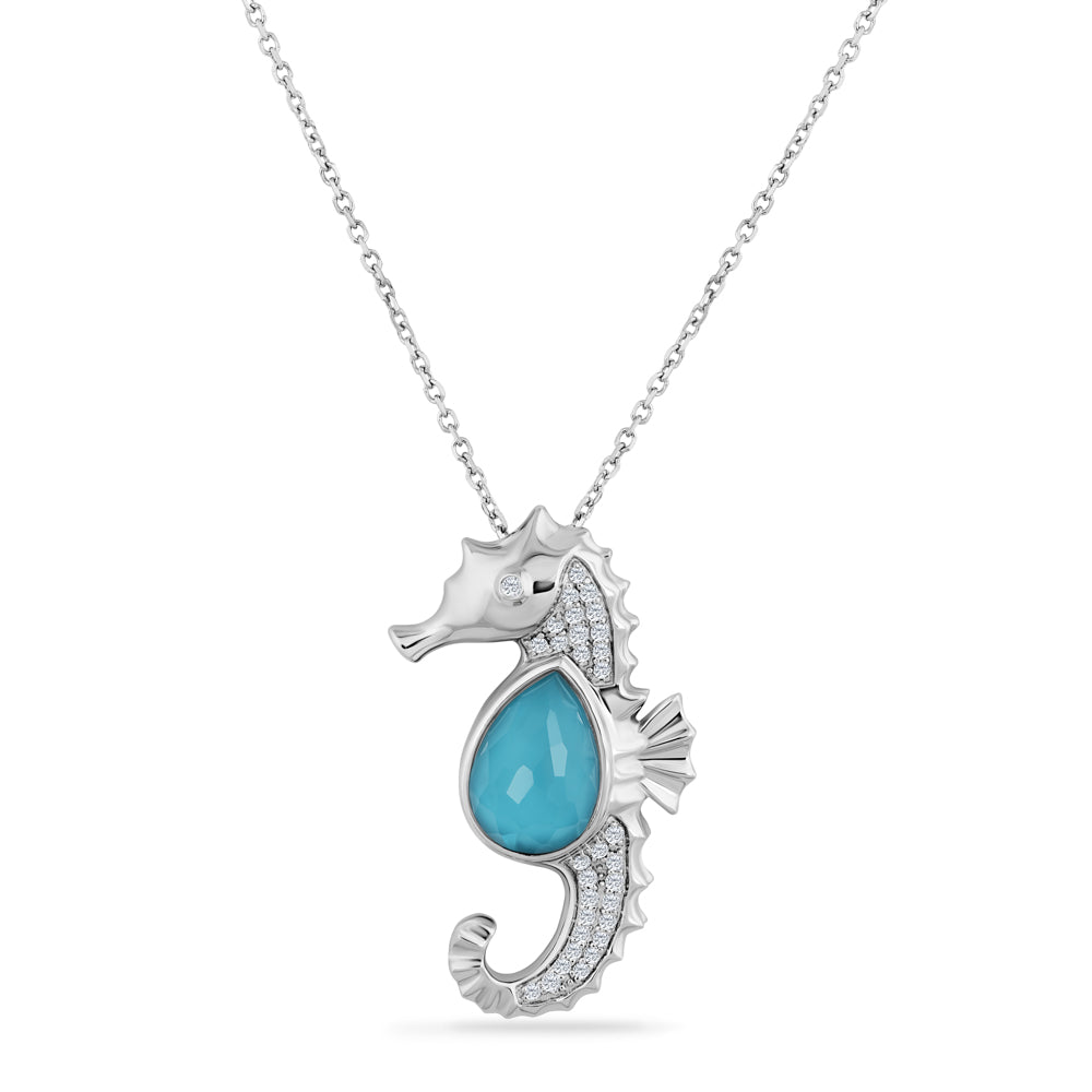 14K SEAHORSE PENDANT WITH DOUBLET RECON TURQUOISE AND CLEAR QUARTZ AND 32 DIAMONDS 0.15CT ON 18 INCHES CABLE CHAIN