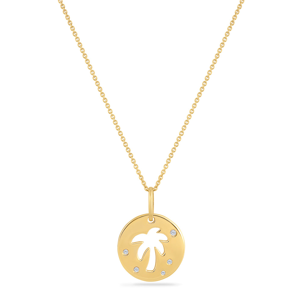 14K PALM TREE TAG PENDANT WITH 5 DIAMONDS 0.04CT DIAMONDS ON 18 INCHES CHAIN