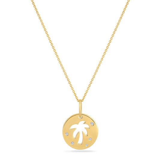 14K PALM TREE TAG PENDANT WITH 5 DIAMONDS 0.04CT DIAMONDS ON 18 INCHES CHAIN