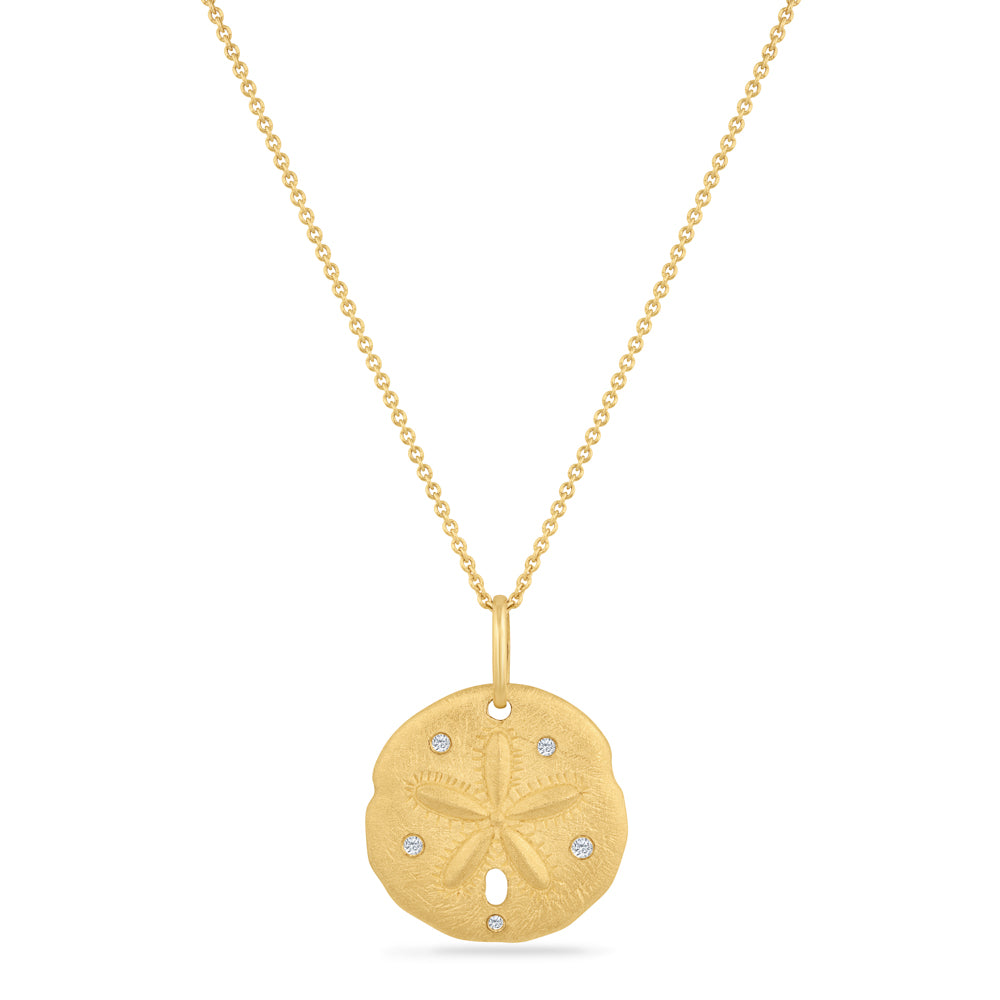 14K SAND DOLLAR DISK PENDANT WITH 5 DIAMONDS 0.04CT, 18 INCHES CHAIN