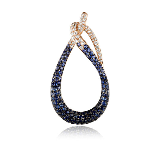 14KR TEAR DROP PENDANT 118 SAPPHIRES 1.09CT & 49 DIAMONDS 0.18CT, 33MM HEIGHT, ON A 18 INCH CHAIN