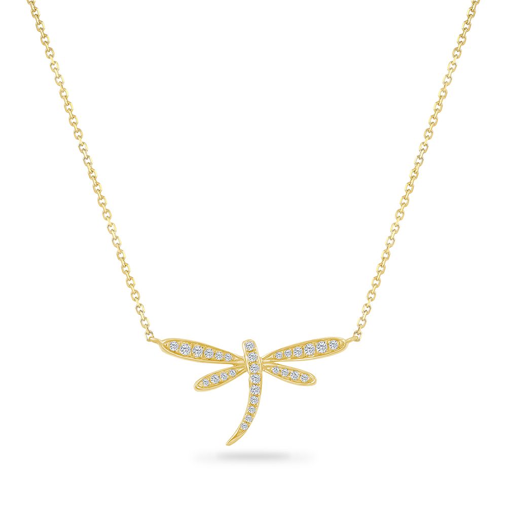 14K BEAUTIFUL DRAGONFLY NECKLACE WITH 29 DIAMONDS 0.15CT 18 INCHES CHAIN