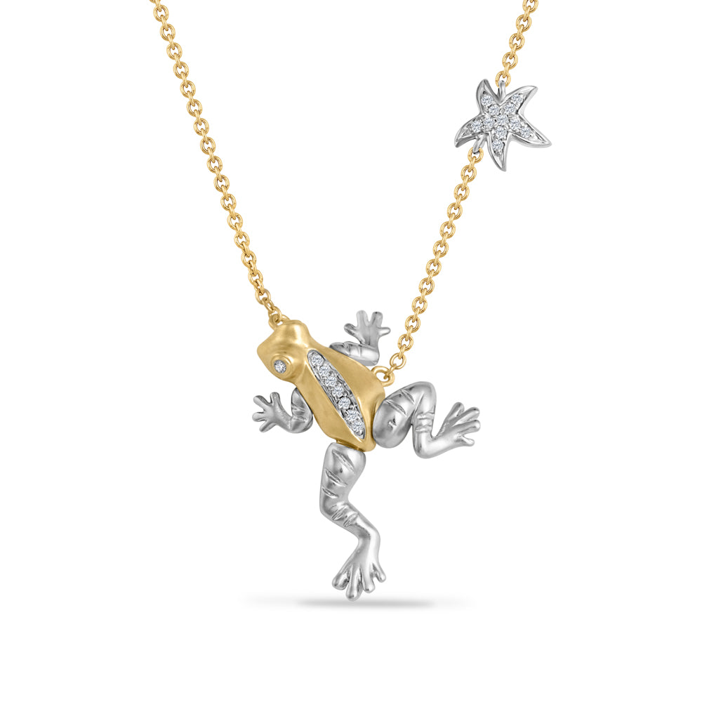 14K FROG NECKLACE 20 DIAMONDS 0.066CT ON 18 INCHES CHAIN