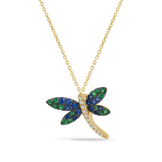 14K DRAGONFLY PENDANT WITH 14 SAPPHIRES 0.28CT, 11 DIAMONDS 0.05CT & 14 GREEN GARNET 0.24CT ON 18 INCHES CHAIN