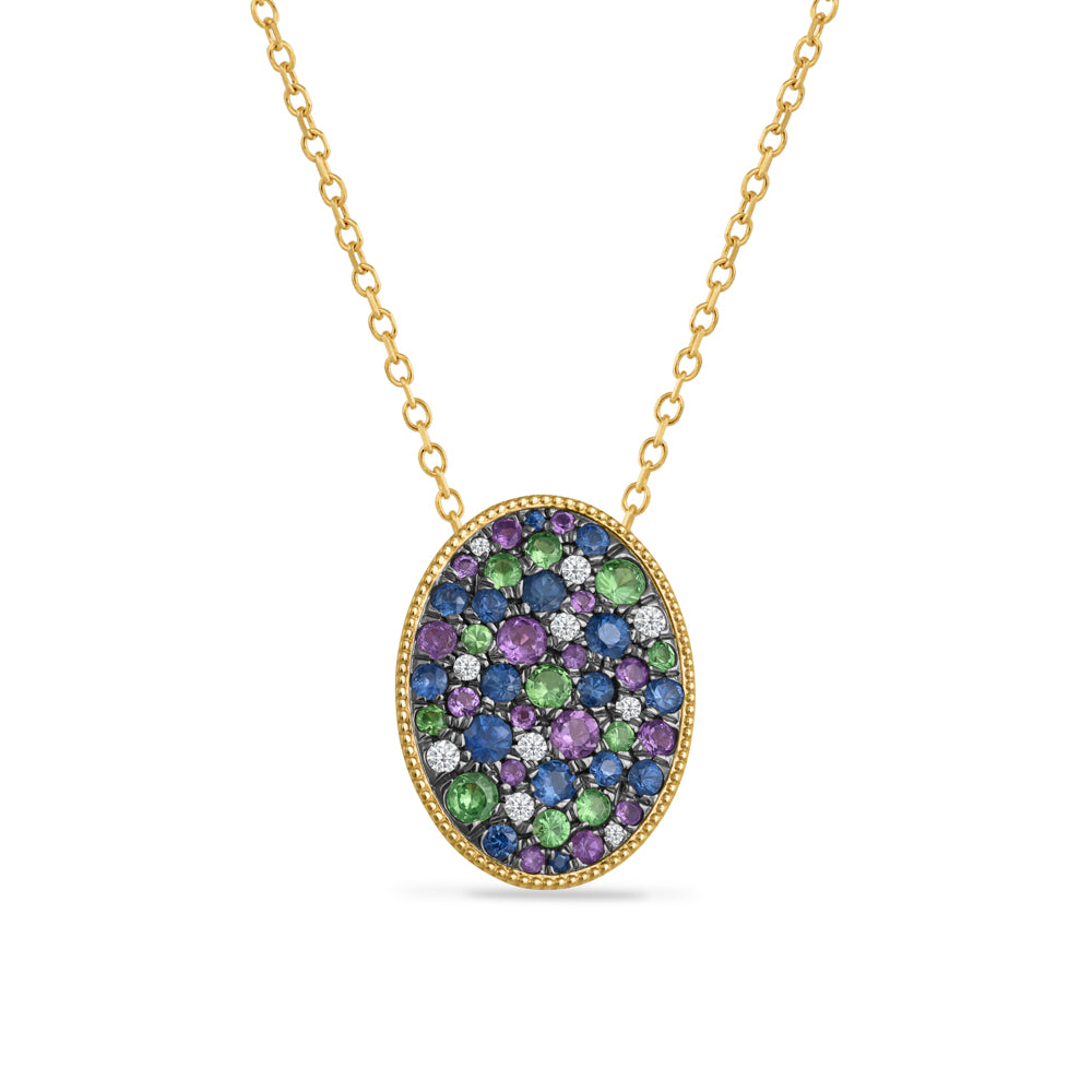 14K PENDANT WITH 10 DIAMONDS 0.12CT, 11 G.GARNET. 0.43CT, 16 AMETHYST 0.32CT & 16 SAPPHIRES 0.61CT 2K on 18 inches chain