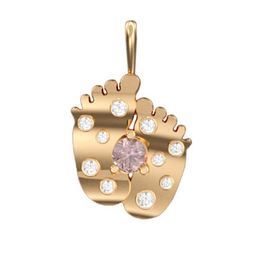 14K BEAUTIFUL DOUBLE BABY FEET PENDANT WITH 10 DIAMONDS 0.08CT & 1 ROUND 3MM AMETHYST ON 18 INCHES CHAIN