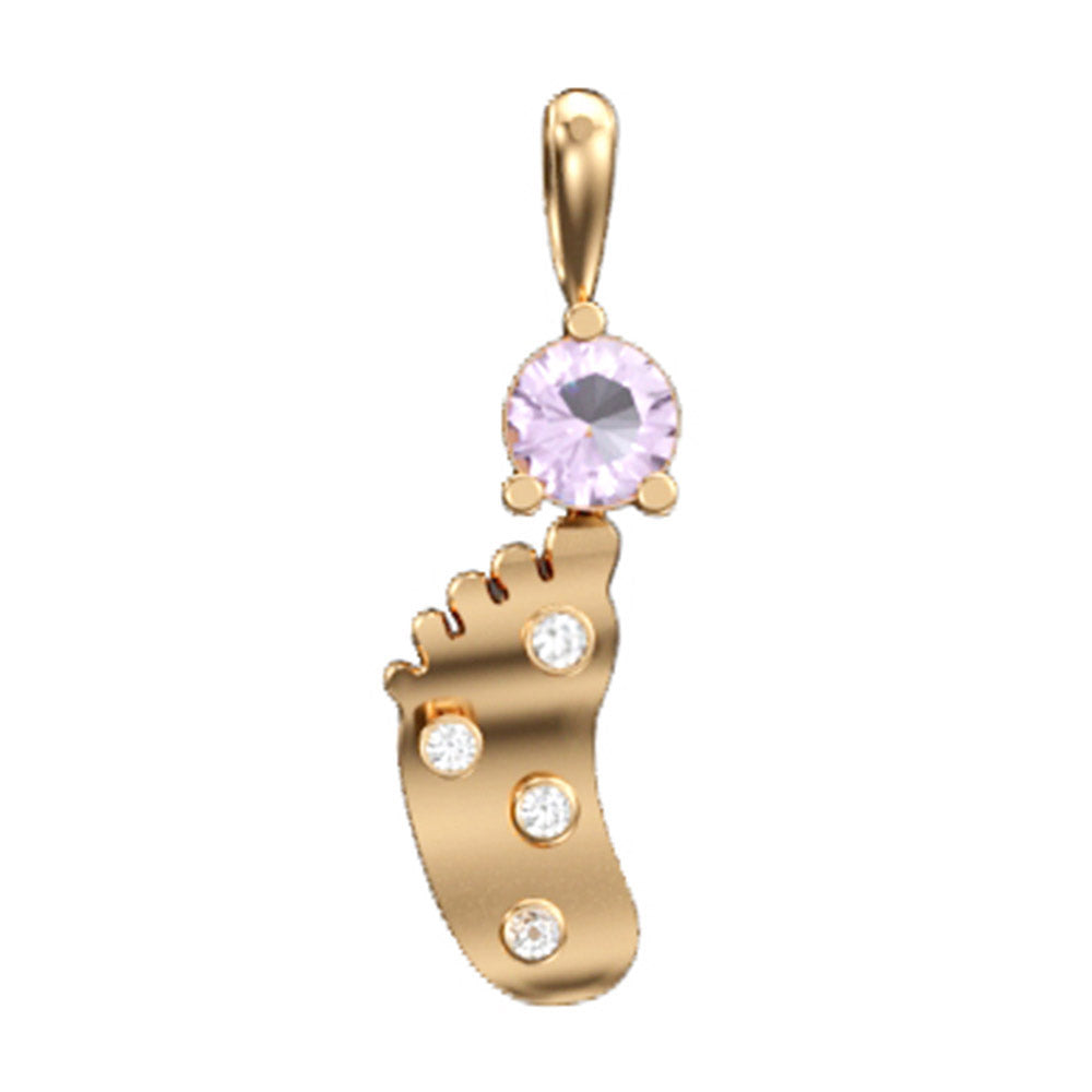 14K SINGLE BABIES FOOT PENDANT WITH 4 DIAMONDS 0.0325CT & 1 ROUND 4MM AMETHYST ON A 18 INCHES CHAIN