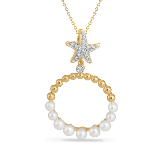 14K ROUND 9 PEARLS & STARFISH PENDANT WITH 14 DIAMONDS 0.05CT ON 18 INCH CHAIN