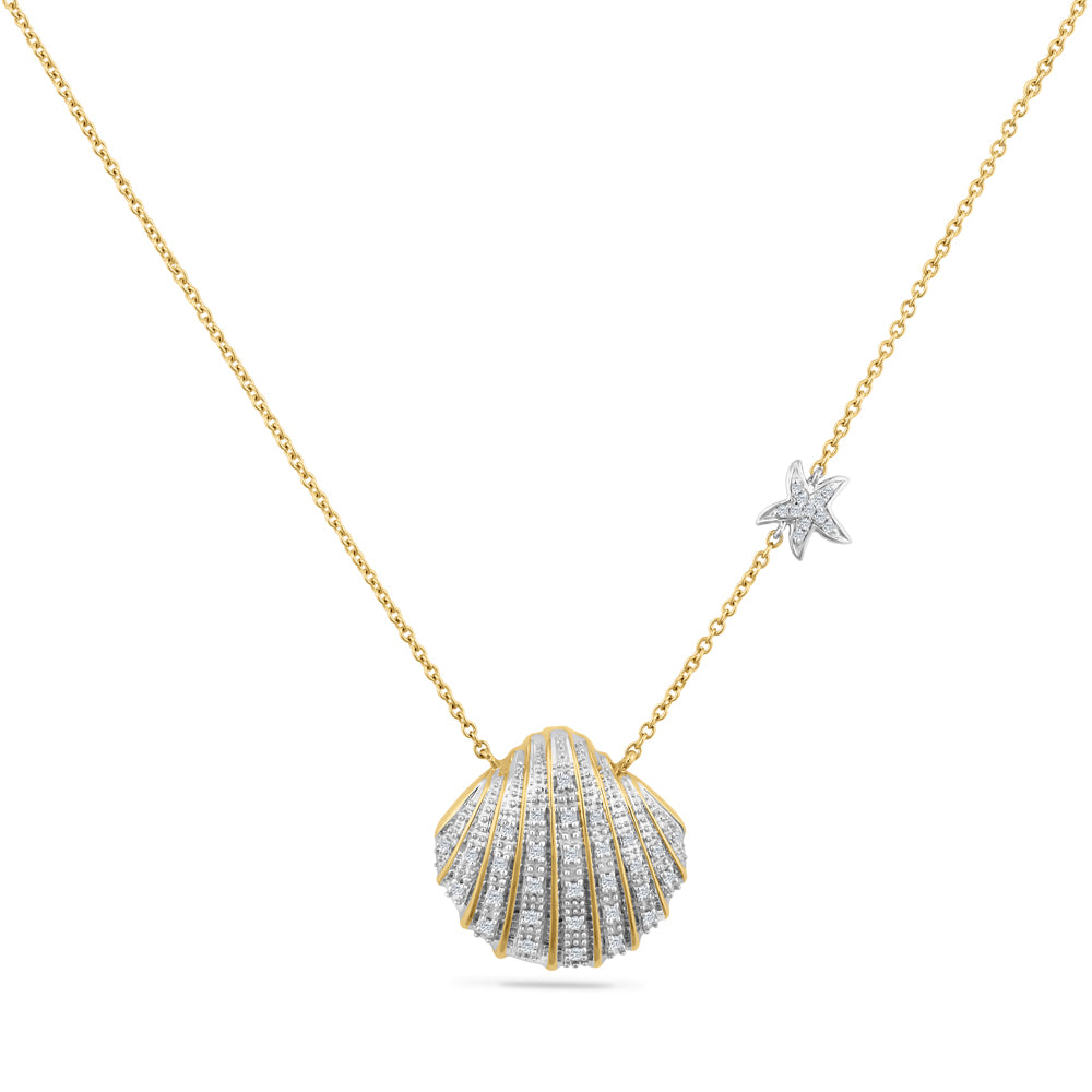 14K SHELL SET WITH DIAMONDS  0.20CT, ON 18 INCHES CHAIN  WITH A DELICATE DIAMOND STAR FISH. 18MM X19MM
