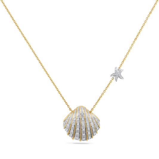 14K SHELL PENDANT SET IN DIAMONDS 0.20CT WITH A DELICATE DIAMOND STAR FISH ON 18 INCHES CHAIN