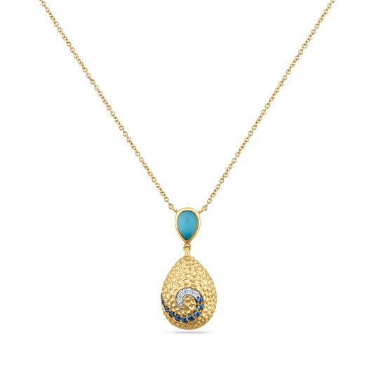 14K PEAR SHAPED PENDANT SET WITH A DOUBLET RECON TURQUOISE AND CLEAR QUARTZ,  SAPPHIRES AND DIAMONDS ON 18 INCHES CABLE CHAIN