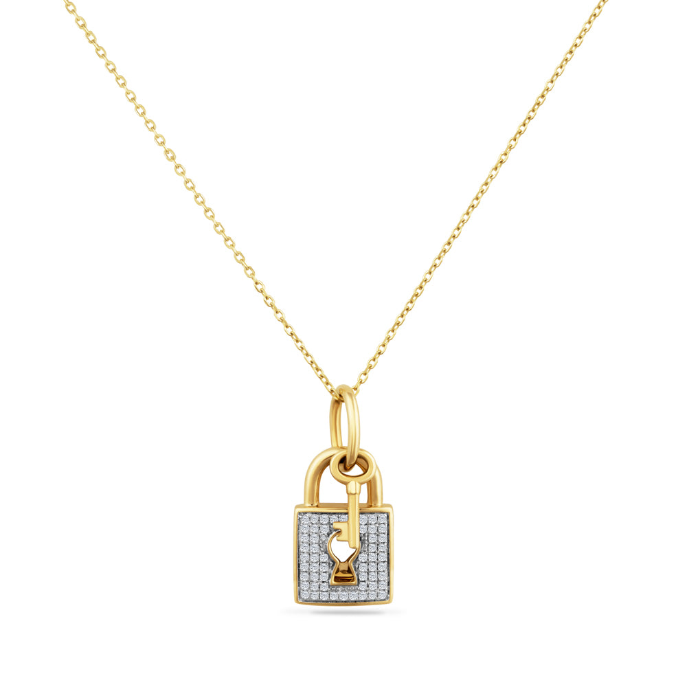 14K MICRO PAVE LOCK PLUS A KEY SET WITH 56 DIAMONDS 0.19CT ON 18 INCHES CHAIN