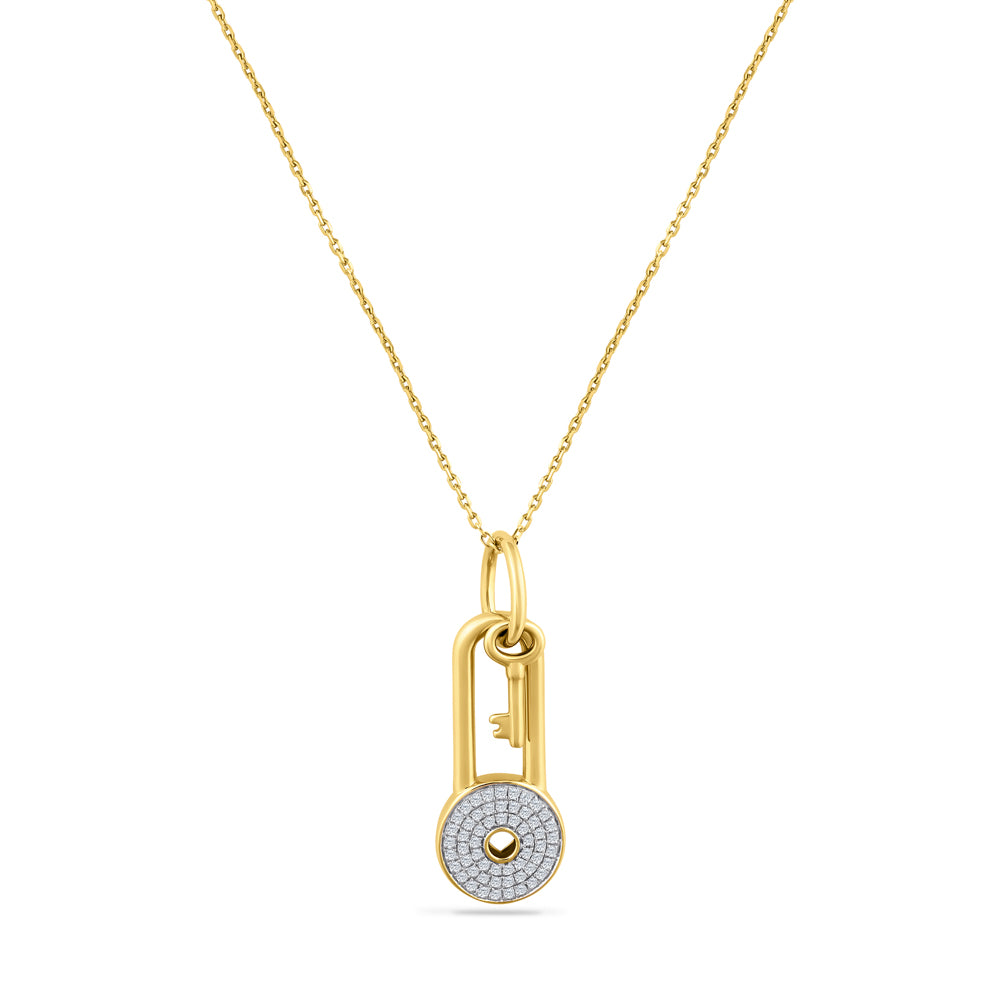 14K ROUND LOCK WITH A KEY PENDANT WITH  57 DIAMONDS 0.18CT ON 18 INCHES CABLE CHAIN
