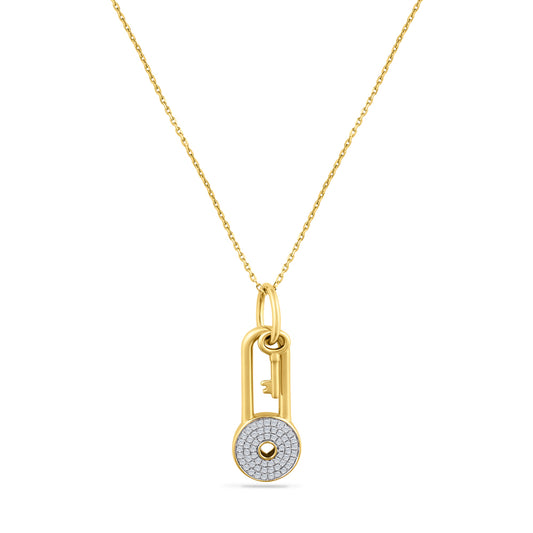 14K ROUND LOCK WITH A KEY PENDANT WITH 57 DIAMONDS 0.18CT ON 18 INCHES CABLE CHAIN