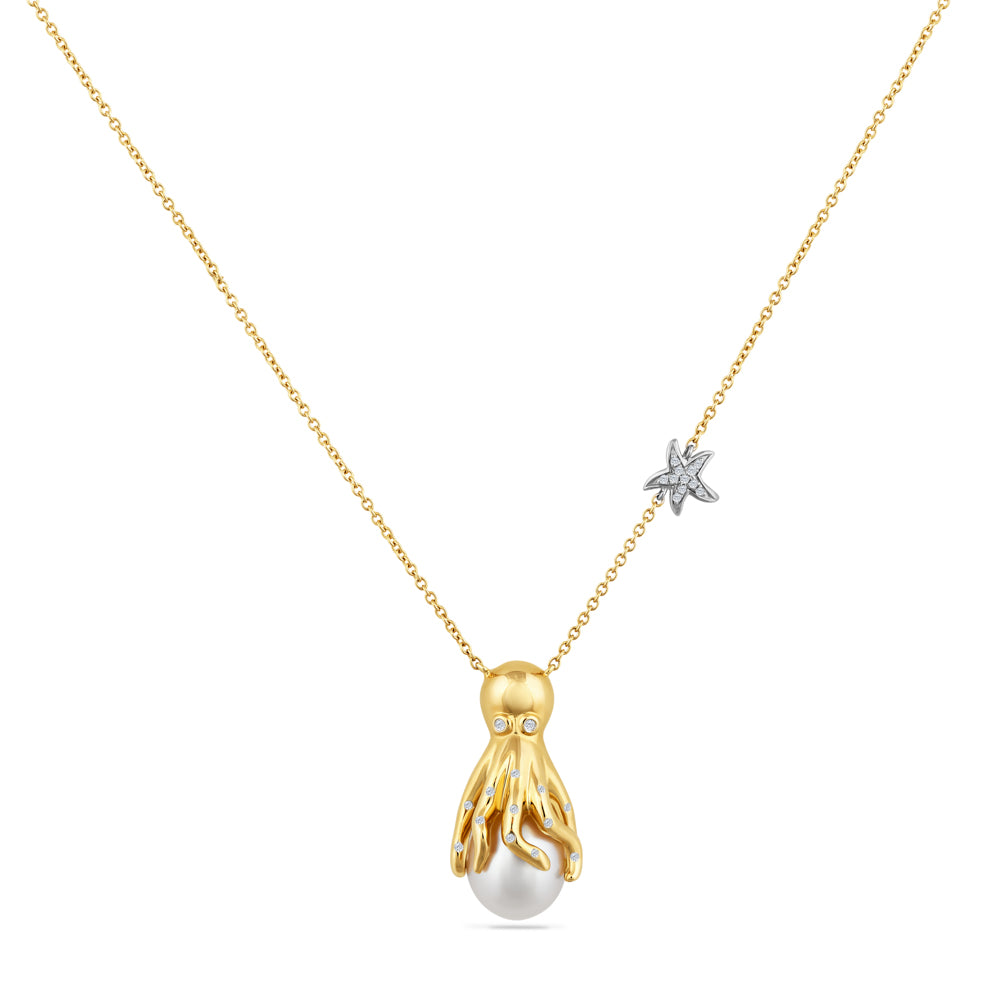 14K 24MM LONG  OCTOPUS SET WITH 25 DIAMONDS 0.09CT AND A 10MM PEARL, ON A 18 INCHES CHAIN WITH A PAVE STAR FISH