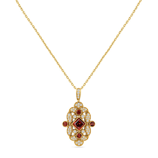 14K ANTIQUE STYLE PENDANT WITH DIAMONDS AND 4 ROUND RED GARNETS ON EACH SIDE AND 1 CENTER STONE RED GARNET SUSPENDED ON 18 INCHES CABLE LINK CHAIN