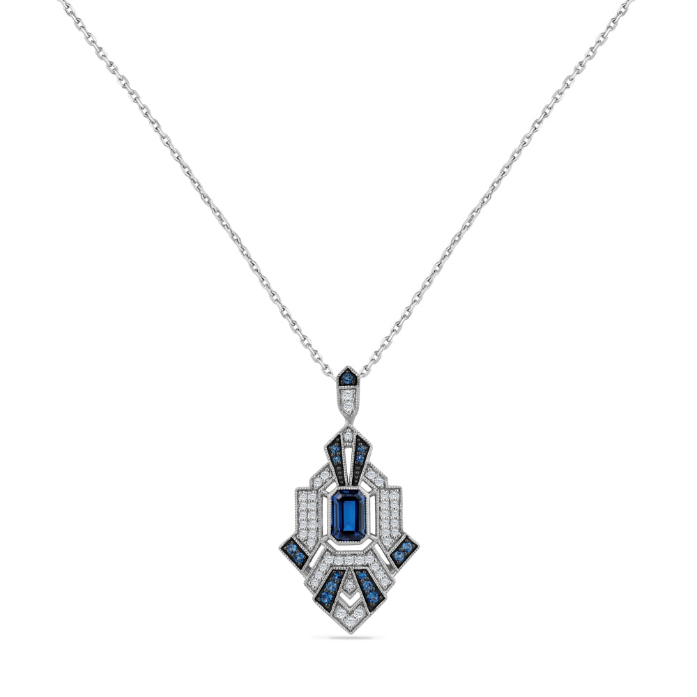 14K PENDANT WITH 0.20CT DIAMONDS, CENTRAL EMERALD SAPPHIRE AND ROUND SAPPHIRES ON 18 INCHES CURB LINK CHAIN