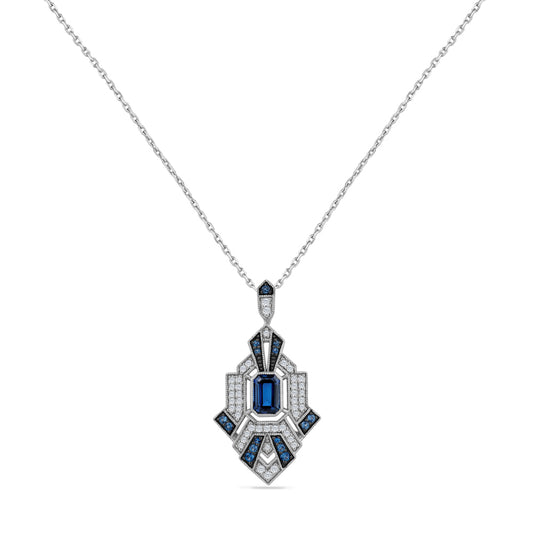 14K PENDANT WITH 0.20CT DIAMONDS, CENTRAL EMERALD SAPPHIRE AND ROUND SAPPHIRES ON 18 INCHES CURB LINK CHAIN