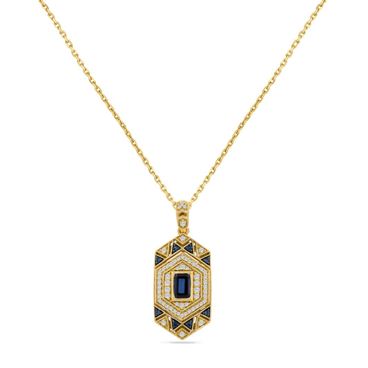 14K PENDANT WITH 0.33CT DIAMONDS, 1 CENTER EMERALD SAPPHIRE 0.70CT AND ROUND SAPPHIRES 0.08CT ON 18 INCHES CURB LINK CHAIN