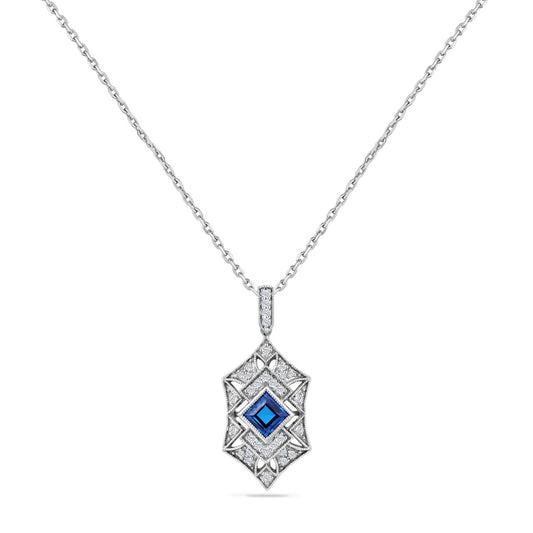 14K NECKLACE WITH 0.20CT DIAMOND PENDANT AND 1 CENTER BLUE SAPPHIRE 0.90CT ON 18 INCHES CURB LINK CHAIN