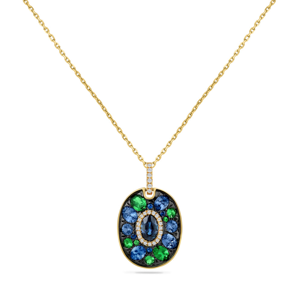 14K YELLOW GOLD NECKLACE, COLOR STONE PENDANT WITH 26 DIAMONDS 0.08CT, 4 ROUND SAPPHIRES 0.05CT, 1 OVAL SAPPHIRE 0.61CT, 13 GREEN GARNET 0.73CT AND LIGHT BLUE OVAL SAPPHIRE 0.91CT ON 18 INCHES CABLE CHAIN
