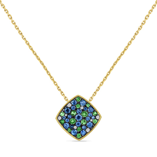 14K COLORFUL PENDANT WITH DIAMONDS , ROUND SAPPHIRES AND ROUND GREEN GARNETS ON 18 INCHES CABLE CHAIN