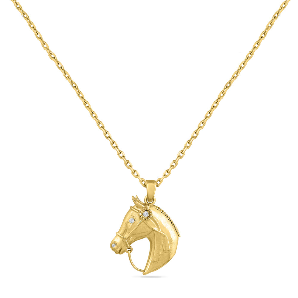 14K HORSES HEAD PENDANT WITH 3 DIAMONDS 0.04CT ON 18 INCHES CABLE CHAIN
