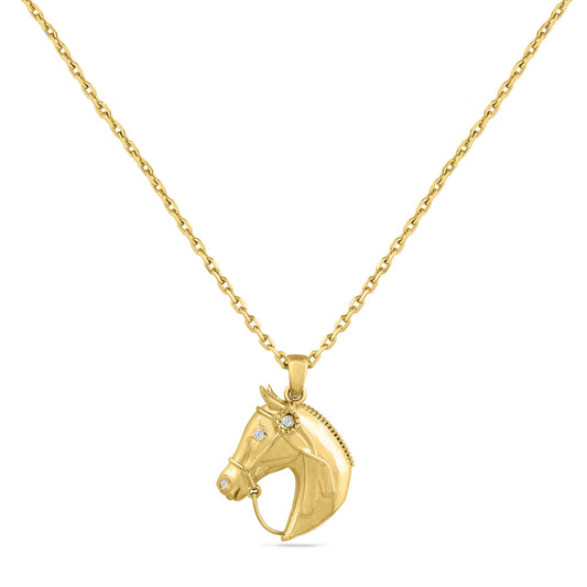 14K HORSES HEAD PENDANT WITH 3 DIAMONDS 0.04CT, ON 18 INCHES CHAIN