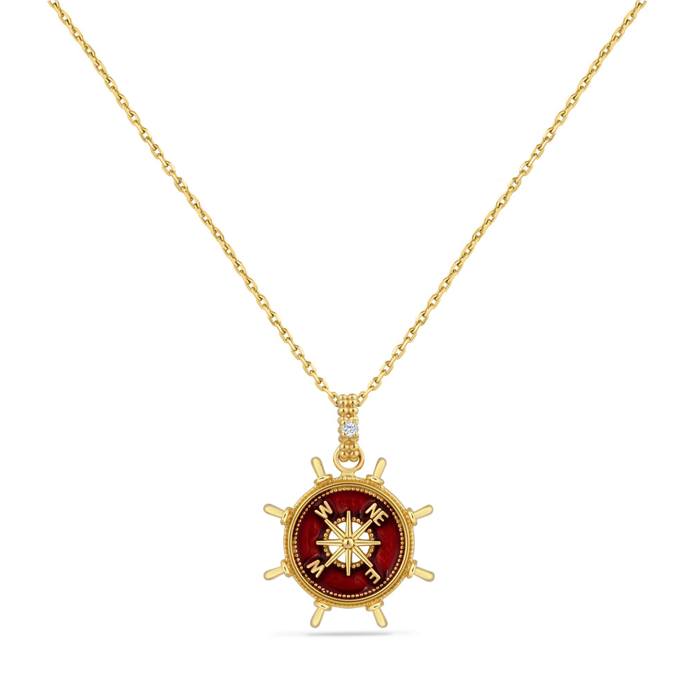 14K COMPASS PENDANT WITH 1 DIAMOND 0.02CT & ENAMEL ON 18 INCHES CABLE CHAIN