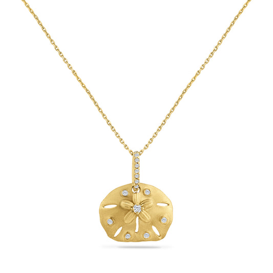 14K SAND DOLLAR PENDANT WITH 15 DIAMONDS 0.105CT, ON 18 INCHES CHAIN