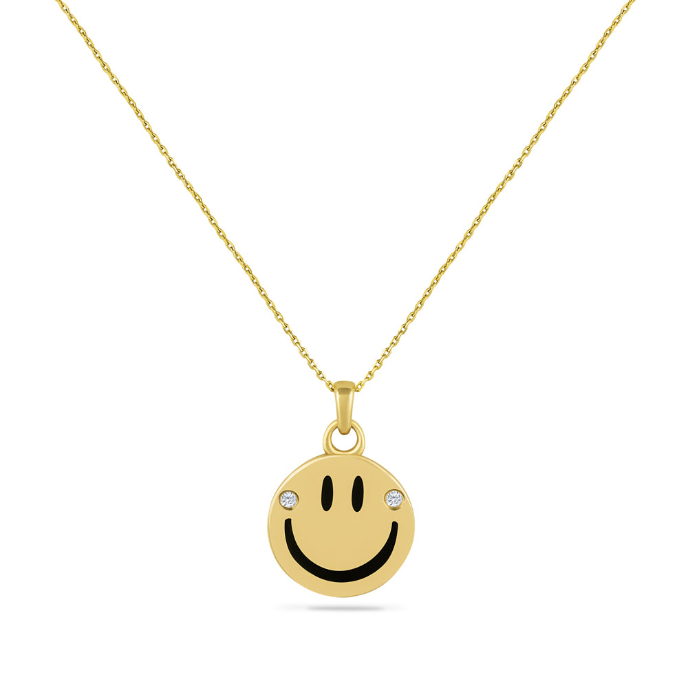 14K SMILEY FACE PENDANT WITH 2 DIAMONS 0.03CT & ENAMEL ON 18 INCHES CABLE CHAIN