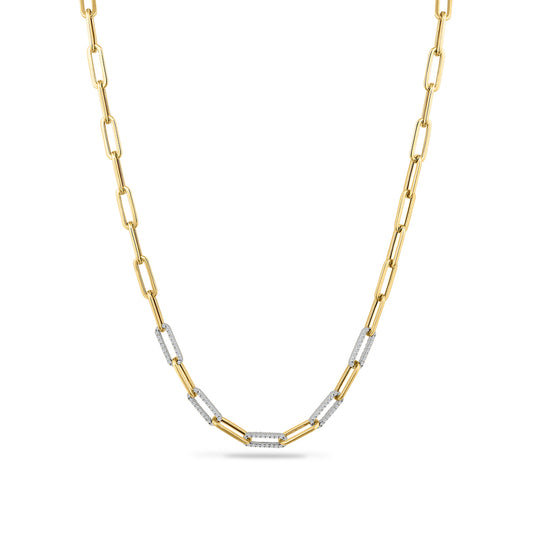 14K TWO TONE PAPER CLIP DESIGN NECKLACE WITH 190 DIAMONDS 0.76CT ON 18 INCHES CHAIN