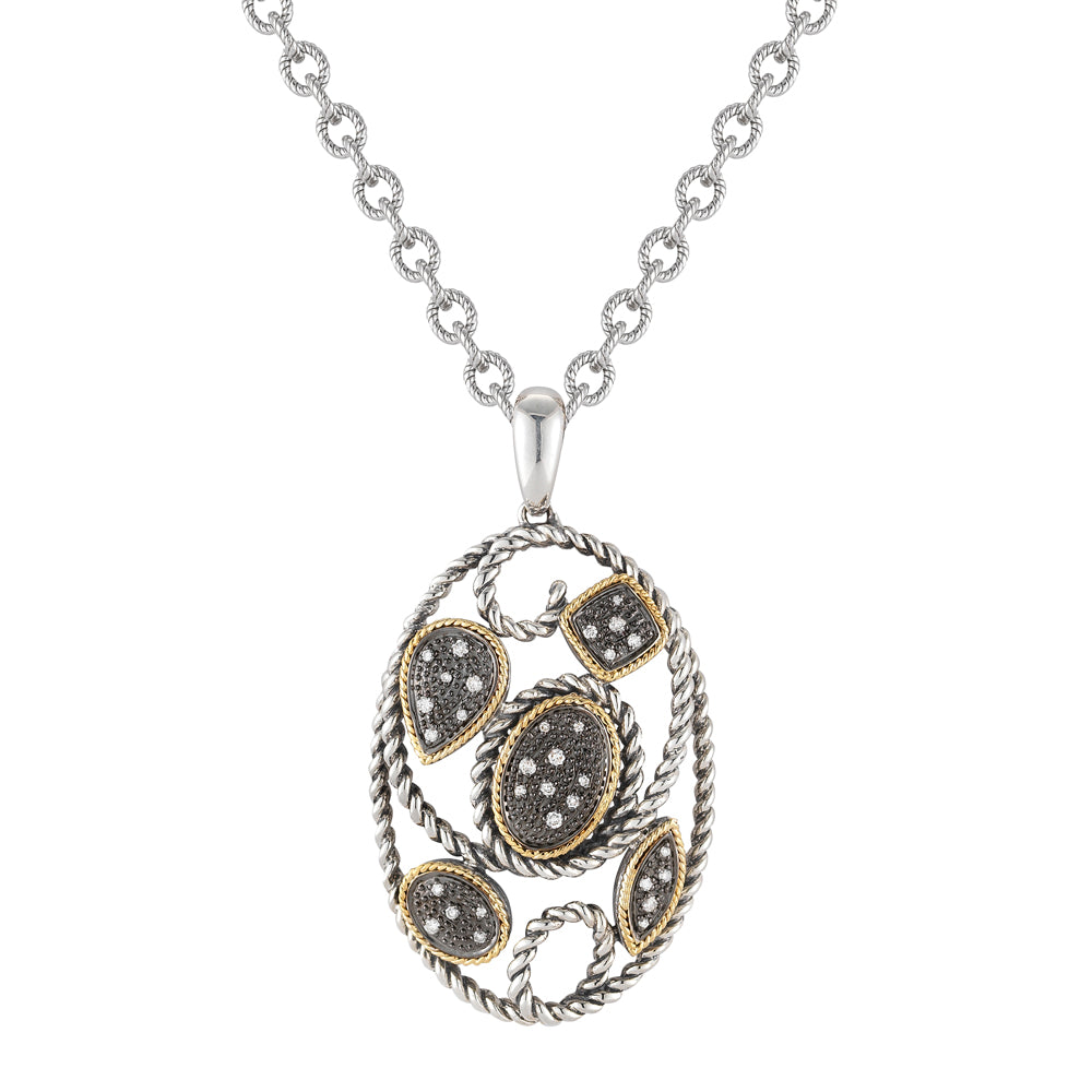 STERLING SILVER AND 14K OVAL DIAMOND PENDANT SET IN BLACK RHODIUM ON 18 INCHES CHAIN