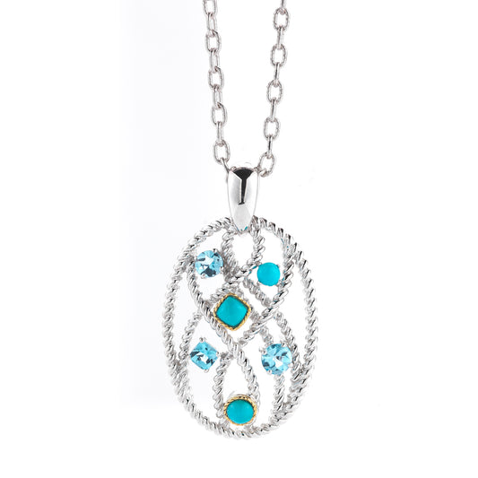 STERLING SILVER AND 14K YELLOW GOLD PENDANT WITH SEMI-PRECIOUS STONES ON 18 INCHES CHAIN