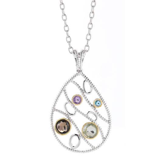 STERLING SILVER AND 14K YELLOW GOLD PENDANT WITH SEMI-PRECIOUS STONES ON 18 INCHES CHAIN