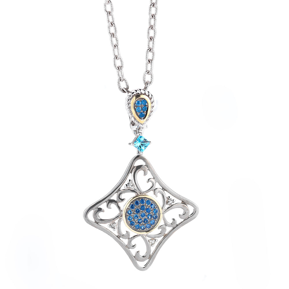 STERLING SILVER AND 14K YELLOW GOLD DIAMOND, SEMI-PRECIOUS STONES AND SAPPHIRE PENDANT ON 18 INCHES CHAIN