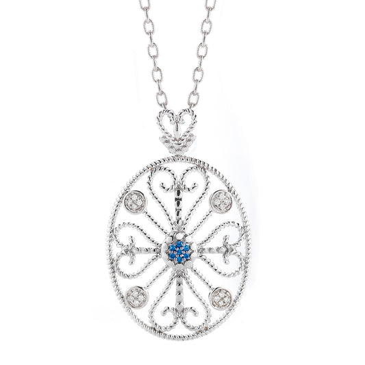 STERLING SILVER PENDANT WITH DIAMONDS AND SAPPHIRES ON 18 INCHES CHAIN