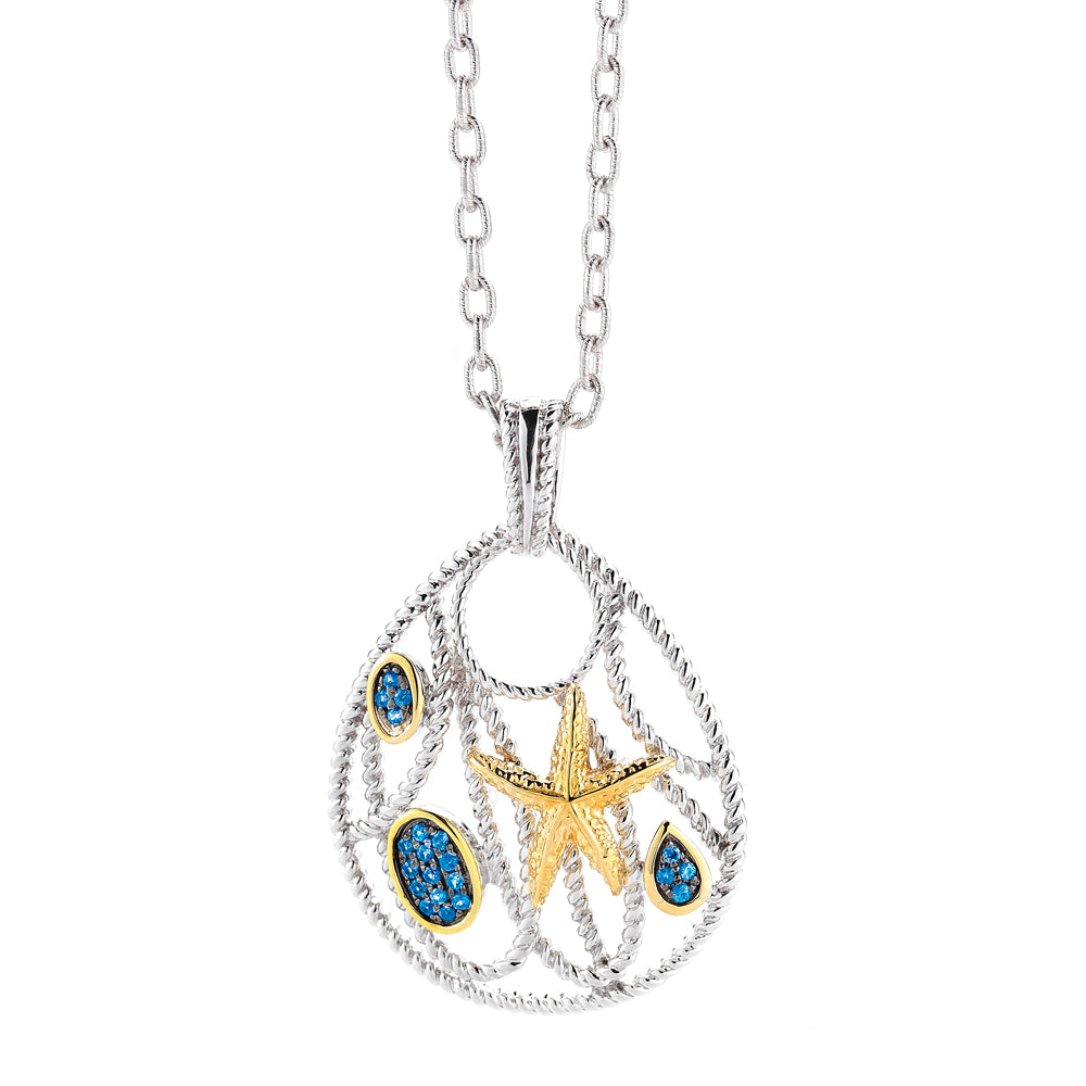 STERLING SILVER AND 14K YELLOW GOLD STARFISH PENDANT WITH SAPPHIRES 1 ON 18 INCHES CHAIN