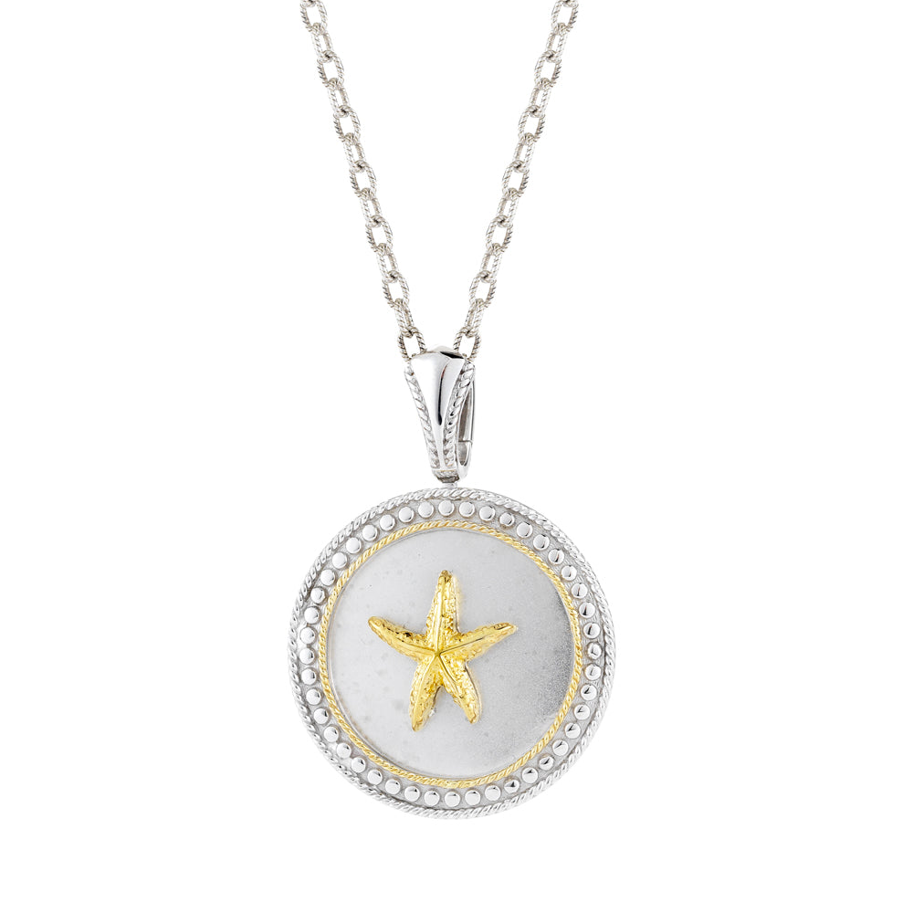 STERLING SILVER AND 14K YELLOW STARFISH SAND DOLLAR PENDANT 3/4 ON 18 INCHES CHAIN
