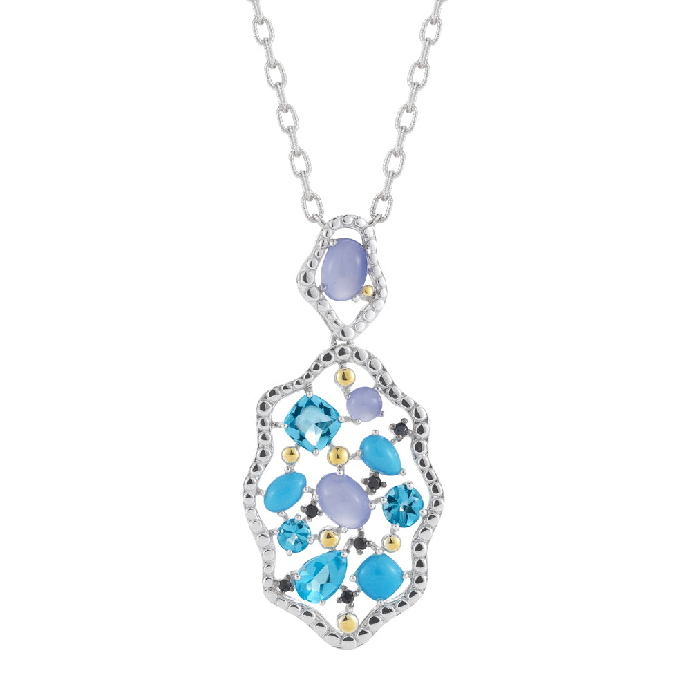 STERLING SILVER & 14K WITH PRECIOUS AND SEMI-PRECIOUS STONES NECKLACE ON 18 INCHES CHAIN