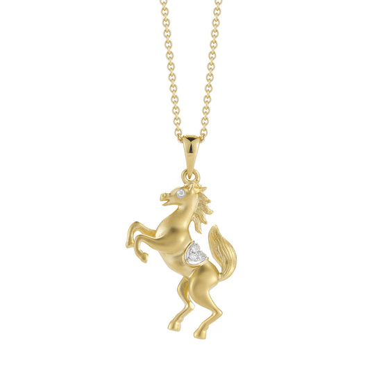 14K YELLOW GOLD STANDING HORSE NECKLACE WITH DIAMONDS ON 18 INCHES CHAIN