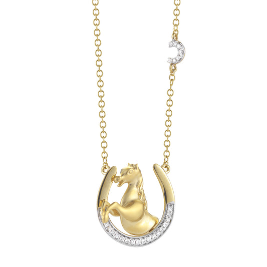 14K YELLOW GOLD NECKLACE HORSES HEAD ON DIAMONDS ENCRUSTED HORSESHOE ON 18 INCHES CHAIN