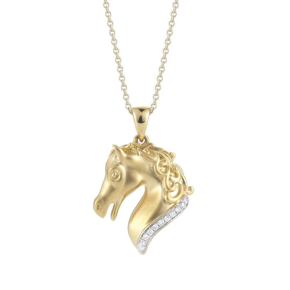 14K YELLOW GOLD HORSES HEAD AND DIAMOND NECKLACE ON 18 INCHES CHAIN