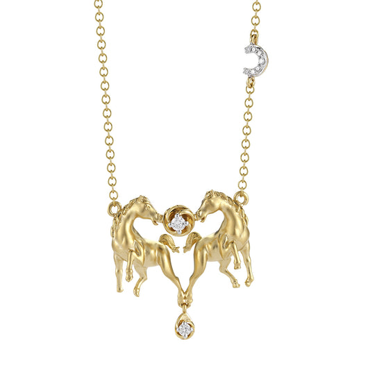 14K YELLOW GOLD DOUBLE HORSE AND DIAMOND NECKLACE ON 18 INCHES CHAIN