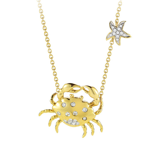 14K CRAB PENDANT WITH 24 DIAMONDS 0.13CT WITH SMALL STARFISH ON CHAIN SUSPENDED ON 18 INCHES CABLE CHAIN