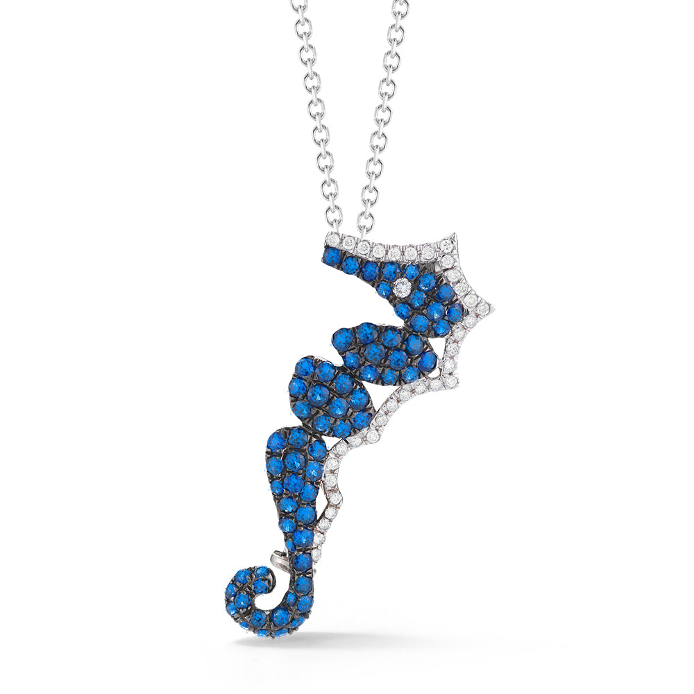 18K SEAHORSE PENDANT WITH 34 DIAMONDS 0.12CT & 65 BLUE SAPPHIRES 0.78CT 3/4 INCHES LONG ON 18 INCHES CABLE CHAIN
