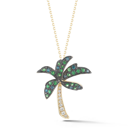 14K PALM TREE NECKLACE WITH 0.11CT DIAMONDS, GREEN GARNET 0.24CT AND 0.08CT BLUE DIAMONDS SUSPENDED ON 18 INCHES CABLE CHAIN