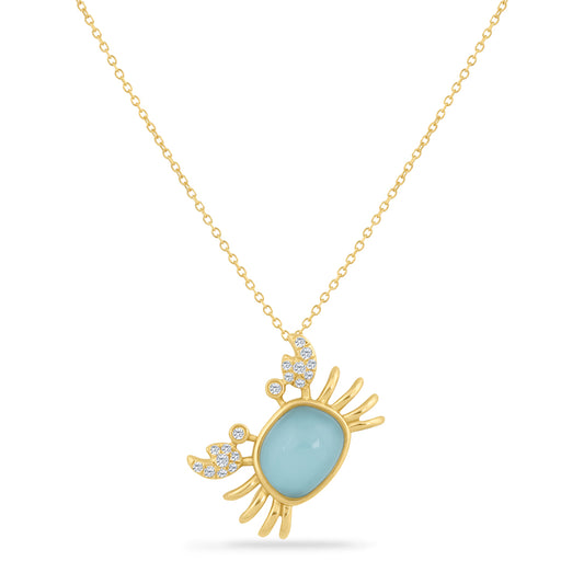 14K DOUBLET CRAB PENDANT IN WHITE TOPAZ & RECON TURQUOISE WITH 18 DIAMONDS 0.15CT SUSPENDED ON 18 INCHES CABLE CHAIN