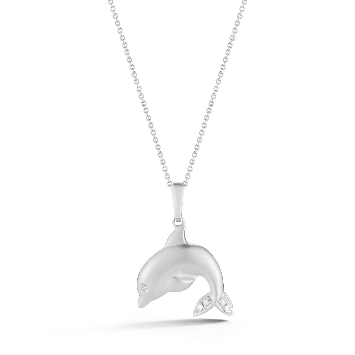 14K DOLPHIN PENDANT WITH 5 DIAMONDS 0.045CT. 3/4" LONG ON 18 INCHES CABLE CHAIN